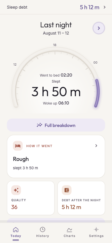Hespera Today screen with last night, sleep debt and tonight plan cards